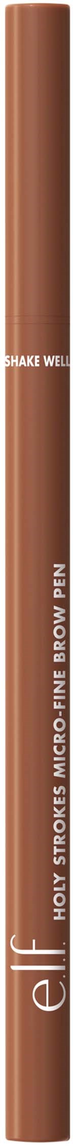 Ruskea kulmakynä, jossa on kansi, ja teksti 'e.l.f.' ja 'Holy Strokes Micro Fine Brow Pencil'.
