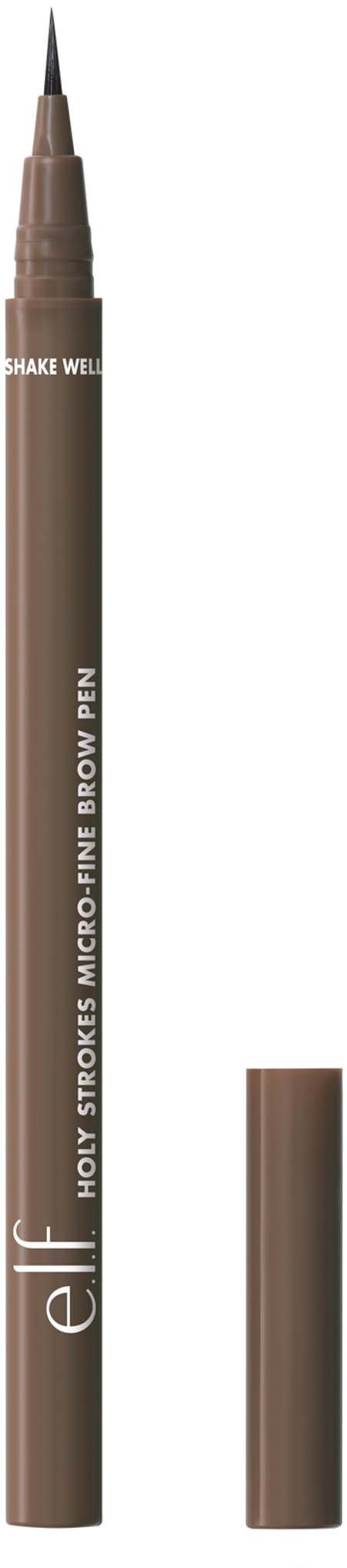 Ruskea silmänrajauskynä, jossa terävä kärki ja suojus, merkinnät 'elf' ja 'Holi Strokes Micro-Tip Liner Brown'.