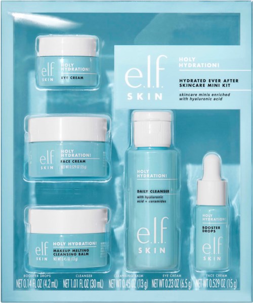 Skincare set includes eye cream, face cream, cleanser, booster drops, all in blue containers.