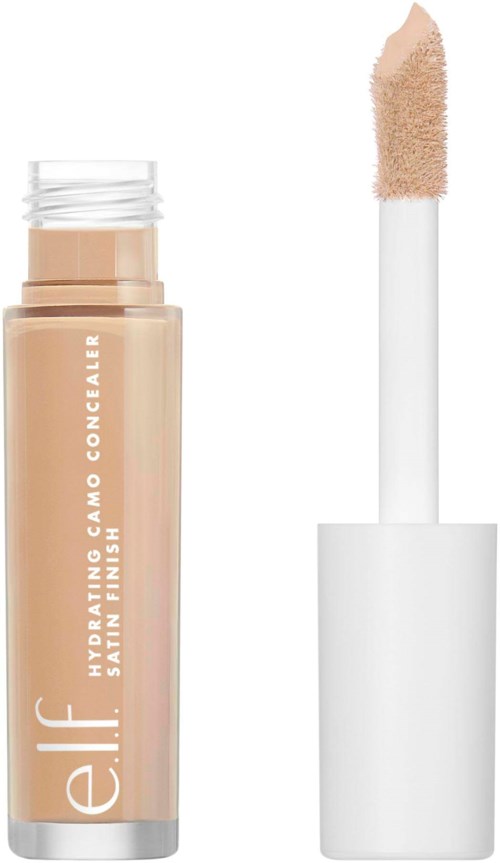 Beige peiteaine, jossa applicaattori ja valkoinen kansi, merkitty e.l.f. ja HydraALC Concealer.
