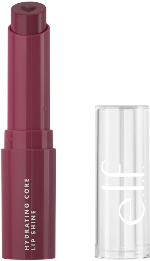 En rosa läppbalsamrör med transparent lock, märkt 'HYDRATING CORE LIP STAIN.'