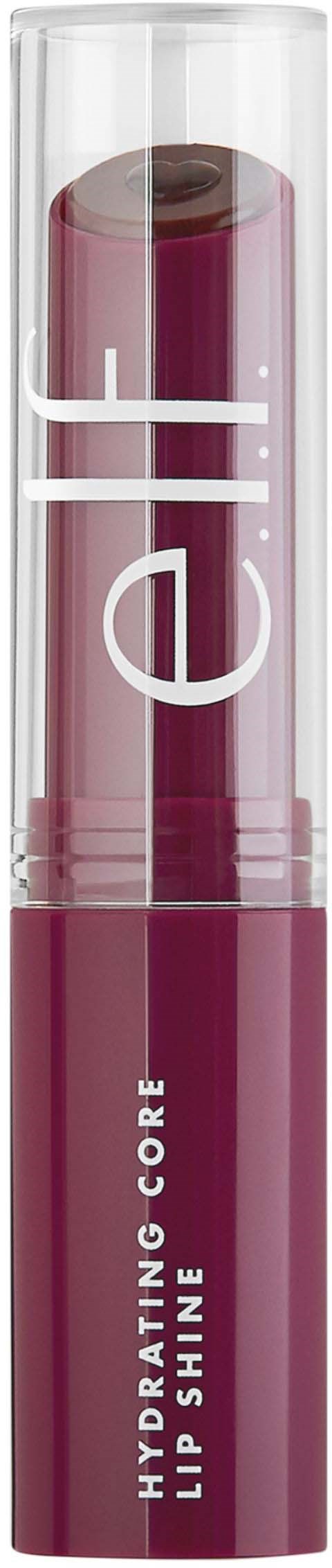 En rosa läppenne i en transparent rör märkt 'e.l.f.' och 'Hydrating Lip Shine' mot en svart bakgrund.