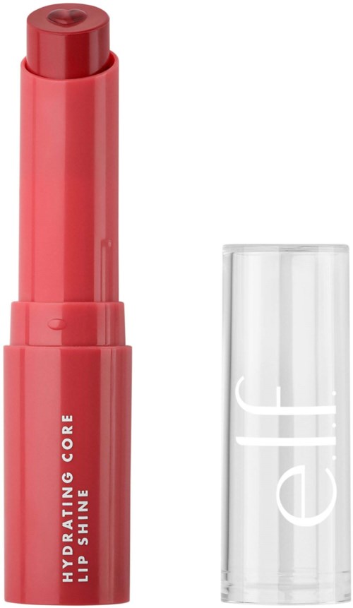 Ett rosa läppbalsam med genomskinligt lock och vitt text som säger 'HYDRATING CORE LIP SHINE'.