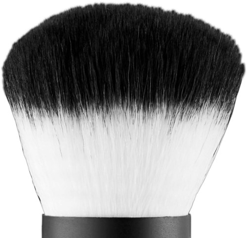 En makeuppensel med svarta och vita borstar och ett svart handtag.