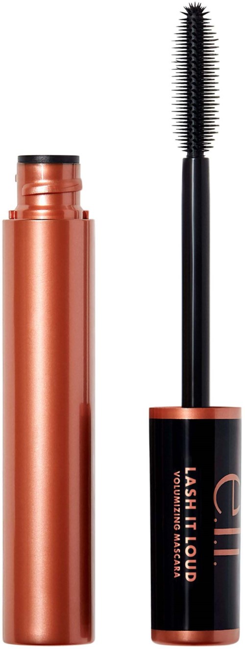 En mascara-rör med borste, svart och roséguld färger, märkt 'LASH LIQUID' och 'VOLUME & LENGTH' visas.