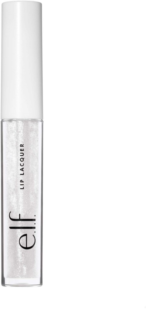 Läp gloss -putkilasi, jossa valkoinen korkki ja musta teksti, merkitty 'elf Lip Lacquer.'