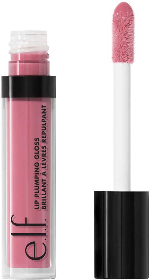 Rosa läppglansrör med borste, etiketten säger 'e.l.f. Lip Plumping Gloss' och 'Brillante a Lentes Repulpant'.
