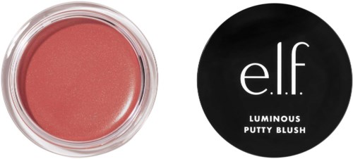 En rund beholder med rosa blush og svart lokk med teksten 'e.l.f. Luminous Putty Blush' vises.