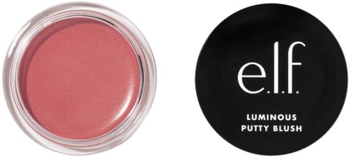 Lys rosa blush i gjennomsiktig beholder med svart lokk med tekst 'elf Luminous Putty Blush' ved siden av.
