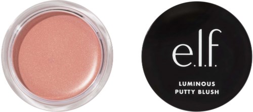 Ferskenfarget blush i en klar beholder, med et rundt svart lokk merket 'e.l.f. Luminous Putty Blush.'