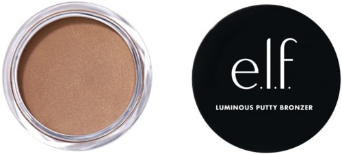 Pyöreä rasia, jossa on korostusväri ja musta kansi, joka lukee 'e.l.f. Luminous Putty Bronzer'.