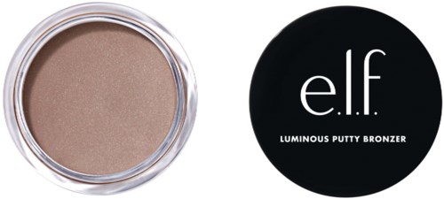 Pieni rasia, jossa on hohtava ruskea meikkituote ja musta kansi, jossa lukee 'e.l.f. Luminous Putty Bronzer'.