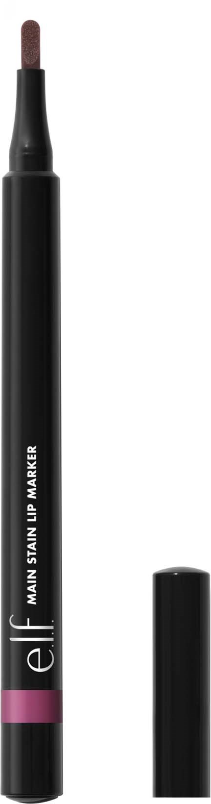 En svart penna med en rosa ring längst ner, märkt elf main stain lip marker, utan lock och visar spetsen.