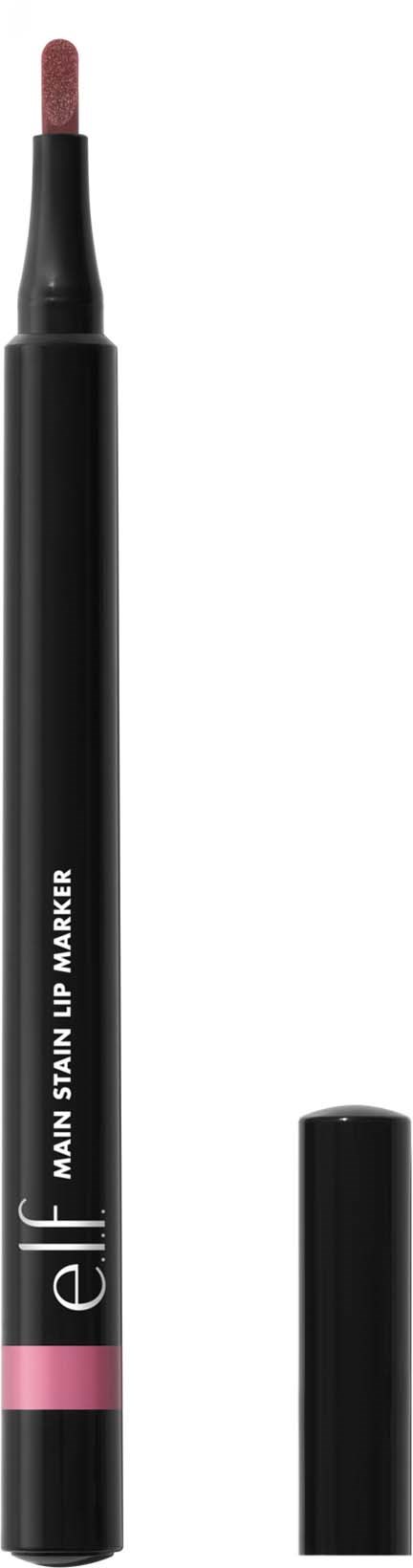 En svart sminkpenna med ett rosa band, märkt elf main stain lip marker, med avtaget lock.