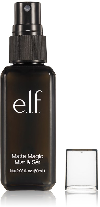 Tumma sprayasetti, merkintä e.l.f. Matte Magic Mist & Set, vieressä pieni kirkas neliö.