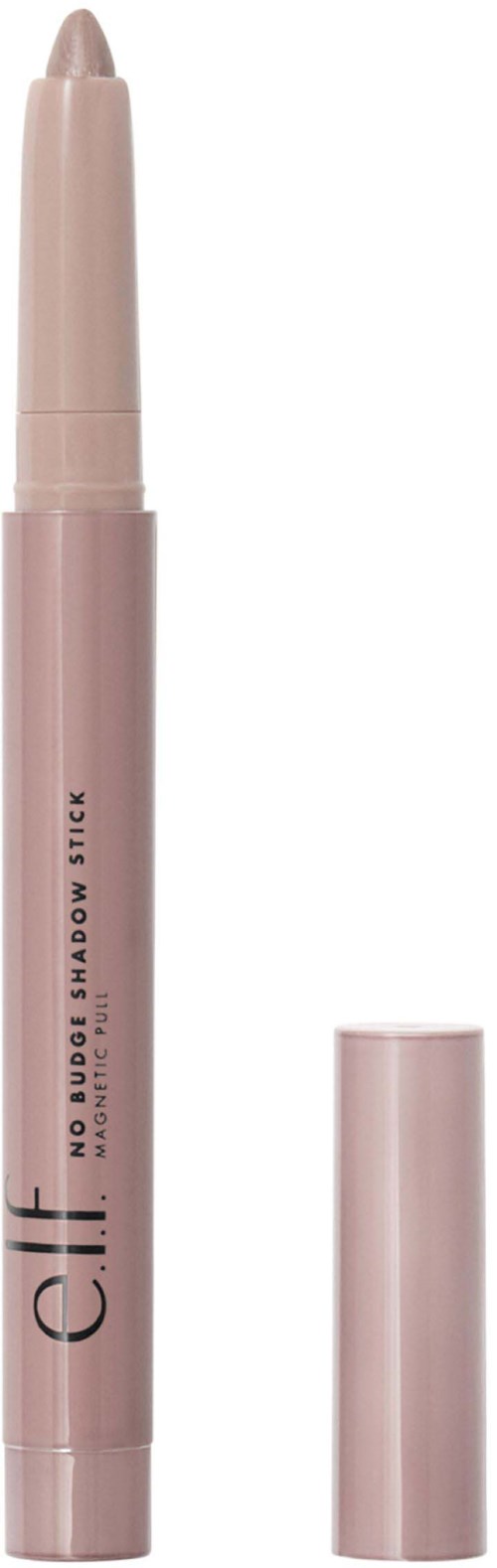 Vaaleanpunainen huultenrajaustikku, jossa on kansi, merkitty 'Elf No Budge Shadow Stick' ja 'lip color'.