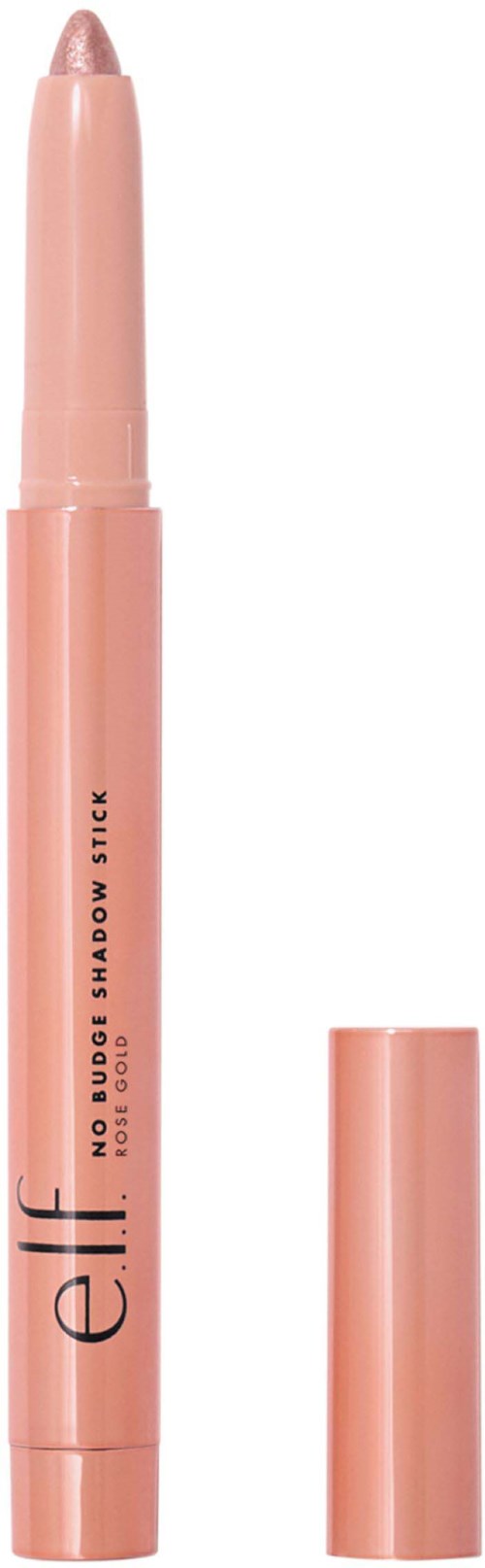 Vaaleanpunainen meikkipöytäpainike ja korkki, merkinnällä 'elf' ja 'No Budge Shadow Stick'.