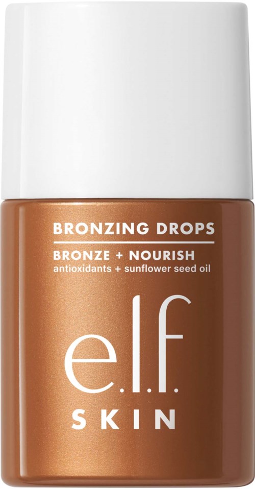 Pieni elf Skin -aurinkopäällystipullo, jossa on valkoinen kansi ja ruskea etiketti. Siinä lukee "Bronzing Drops" ja "Bronze + Nourish."