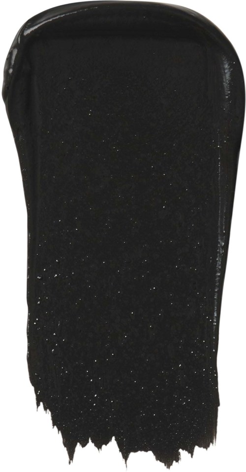 Musta huulipunanäyte, jossa on glitteriä ja kiiltävä pinta.