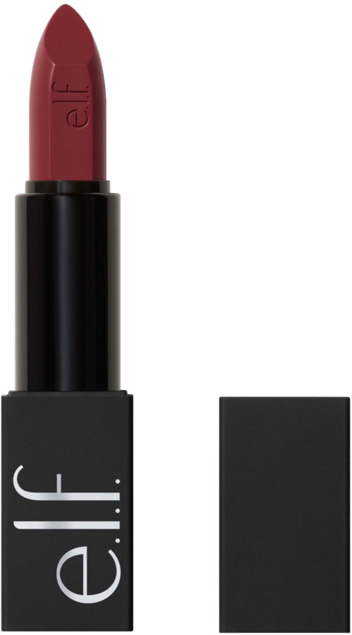 Tummaa punainen huul lipstick mustassa rasiassa, jossa on brändin nimi 'e.l.f.'.