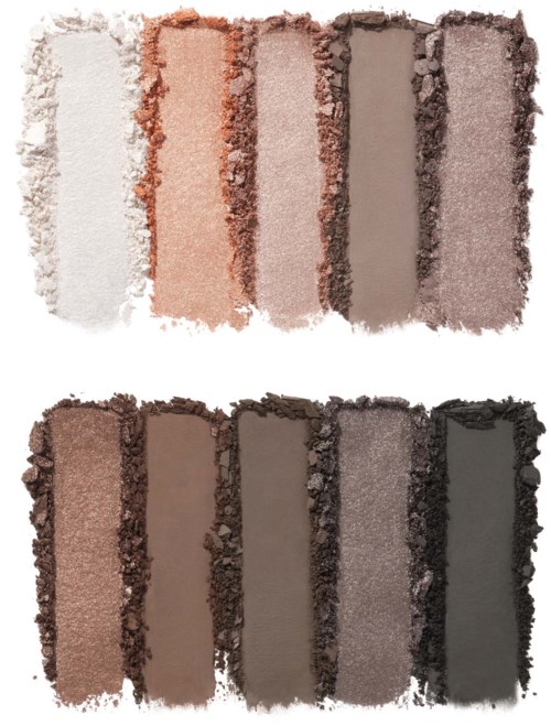Two rows of eyeshadow colors, ranging from light to dark shades, on textured, rough paper backgrounds.