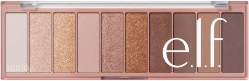 A makeup palette with six shades of pink and brown, labeled e.l.f, with a clear lid.