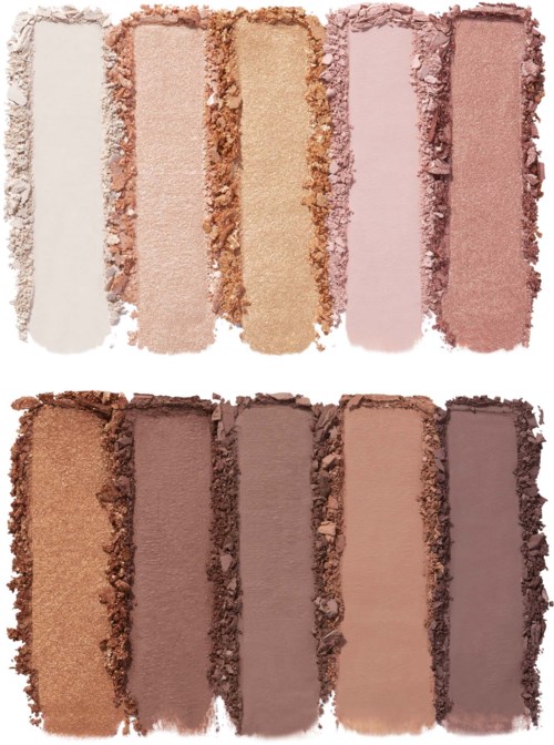 Six makeup shades arranged from light to dark, with crumbled edges on a white background.