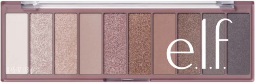 A pink eyeshadow palette with eight different shades, including glittery and matte colors, and the brand name elf.