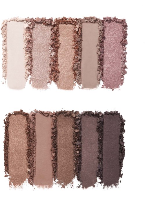 Two rows of crushed eyeshadow in various shades, from light to dark, with some sparkles and matte finishes.