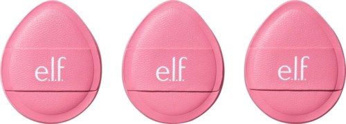Three pink makeup sponges with 'e.l.f' logo, arranged horizontally on a white background.