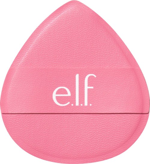 Pink makeup sponge with white 'e.l.f.' logo on it.