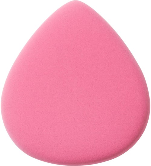 A pink makeup sponge with a teardrop shape.