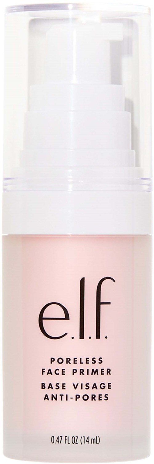 En flaska elf poreless face primer, genomskinlig lock, rosa vätska inuti, kompakt storlek, med svart och vitt text.