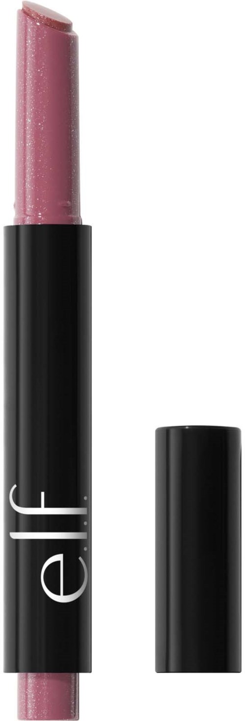 A pink lip gloss or balm in a black tube with the brand name elf on it and the cap removed.
