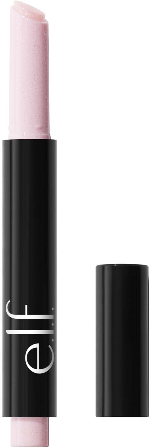 A pink lipstick in a black tube with the brand name elf on it, with its cap off.