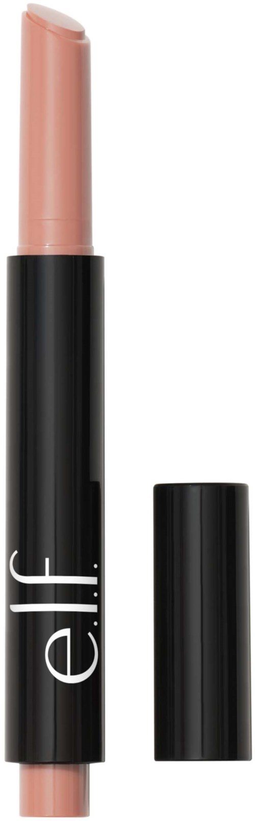 A lipstick with a black body and a light pink shade exposed, with the cap separated and placed beside.