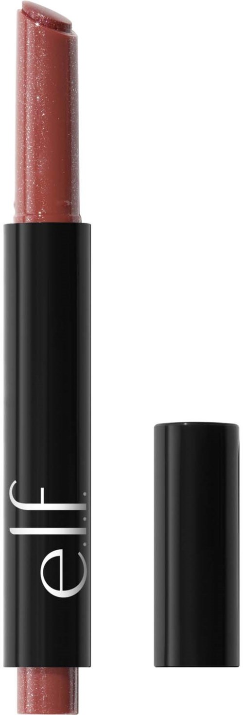 A lipstick tube with a light pink lipstick and a black cap, with the brand name elf written on it.