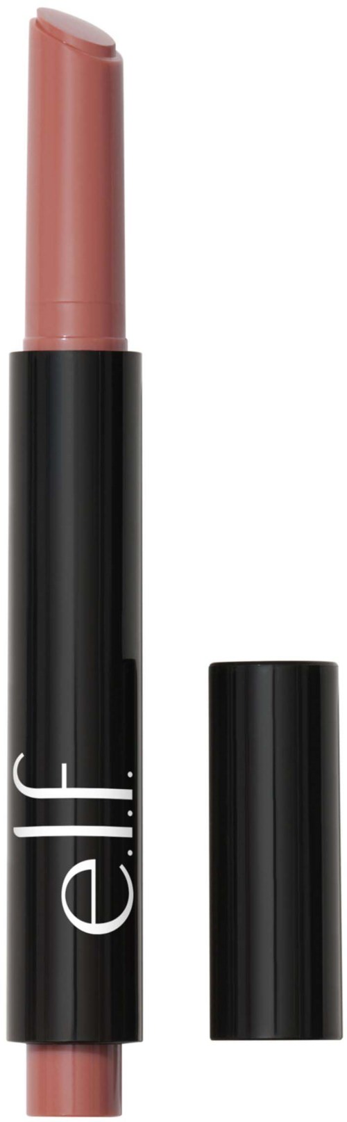 A lipstick with a black casing and a soft pink color inside, with the cap removed and placed beside it.