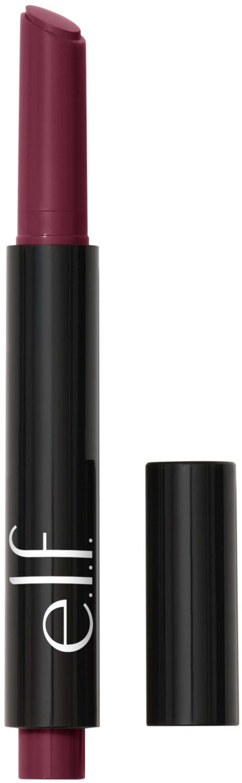 A lipstick with a black case, partially open, showing bright maroon lipstick inside.