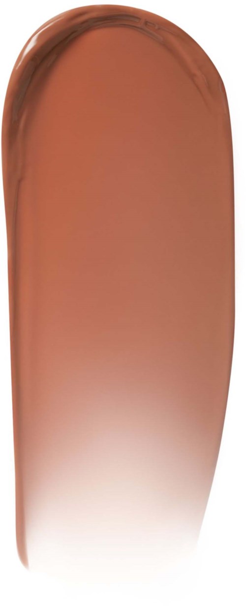 A makeup brush with a copper-colored handle and soft, dark brown bristles.