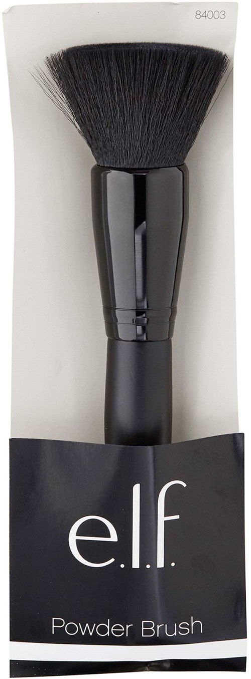 A black powder brush with soft bristles, labeled e.l.f. Powder Brush in its packaging.