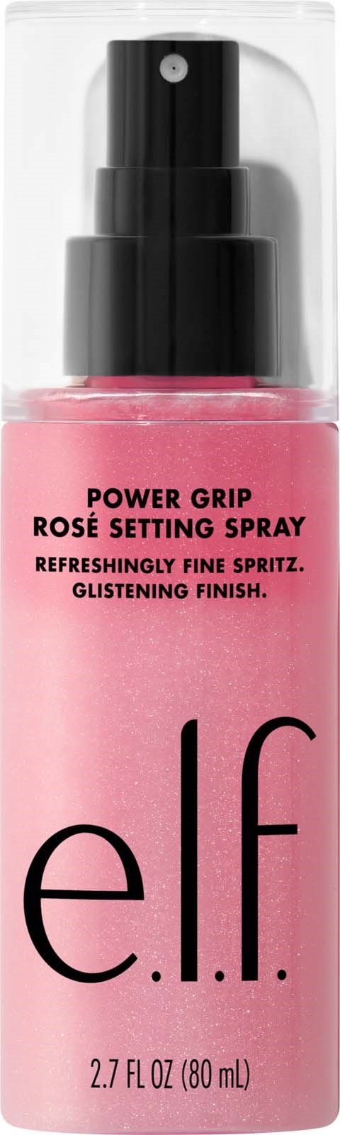 Pink sprayflaska märkt e.l.f. Power Grip Rose Setting Spray, friskar upp huden med en fin roslukt.