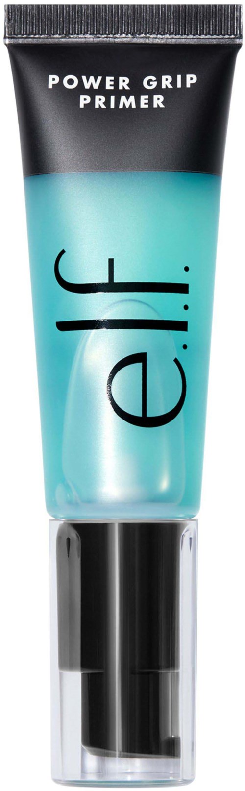 A tube of Power Grip Primer with black, blue, and white packaging and a transparent bottom showing the primer.