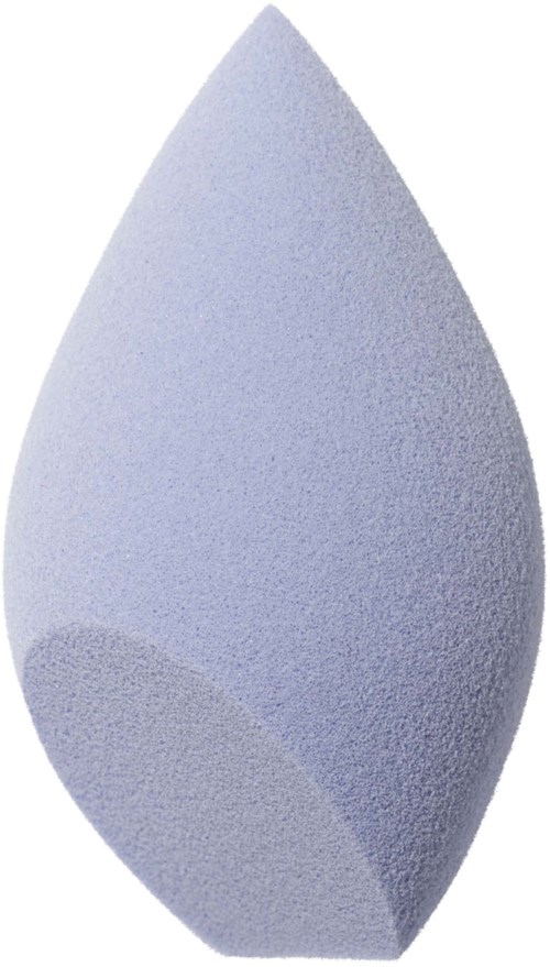 A soft, blue, leaf-shaped makeup sponge with a rounded bottom and pointed top.