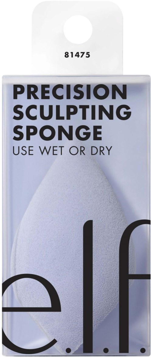 A white sponge with black text, labeled 'Precision Sculpting Sponge,' in packaging. Instructions say use wet or dry.