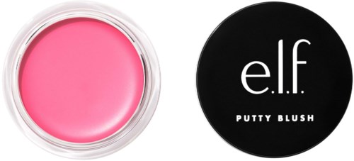 Ett litet öppet lock av rosa rouge bredvid ett svart lock med texten 'e.l.f Putty Blush'.