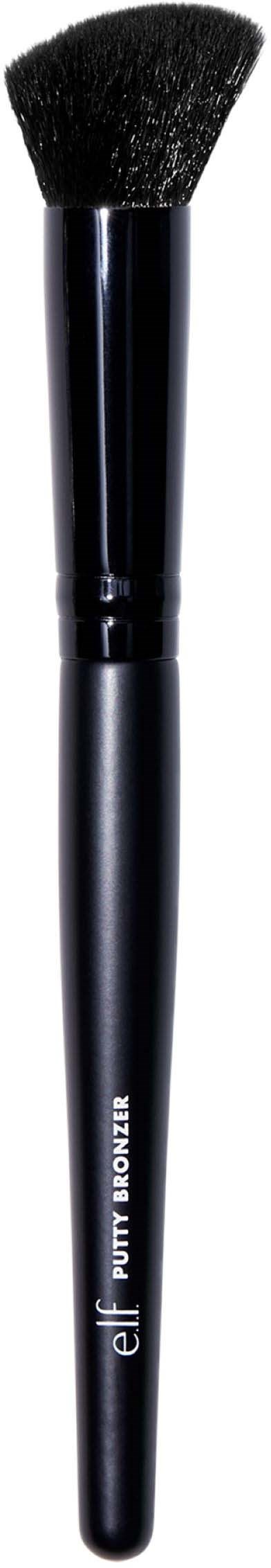 A black makeup brush with soft bristles and a shiny handle, labeled 'elf' and 'FUN WONDER' on the stick.