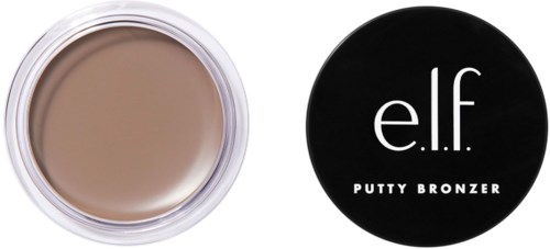 A small round container with beige putty bronzer and a black lid with white text 'e.l.f. PUTTY BRONZER'.