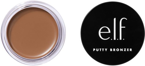 A small round container of tan-colored putty bronzer with a black lid that says e.l.f. Putty Bronzer.