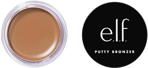 A small round container of tan-colored makeup, with a black lid displaying 'e.l.f. PUTTY BRONZER' text.